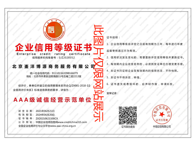 誠信經(jīng)營示范單位等級證書